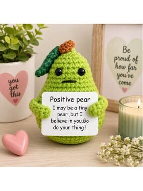 Positive Pear Crochet Plush – Encouragement Gift & Desk Buddy